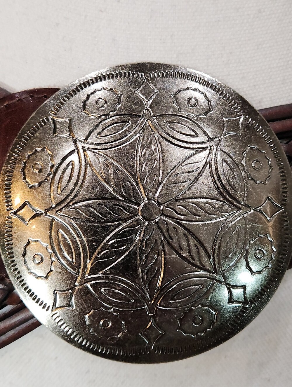 Boho Vibe: NY&Co Boho Braided Brown Leather Belt Large Silver Concho Buckle - Picture 2 of 9